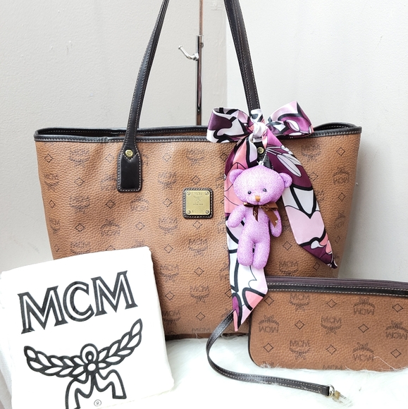 100% Authentic MCM leather shopper tote set